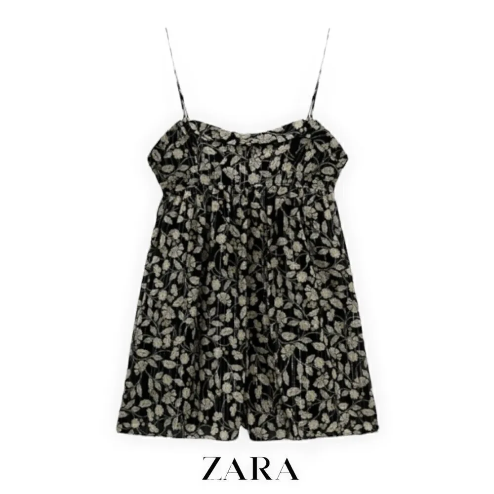 ZARA Black Floral Metallic Thread Romper NWT Sizes S M L Strappy Flowy Jumpsuit - Picture 2 of 12